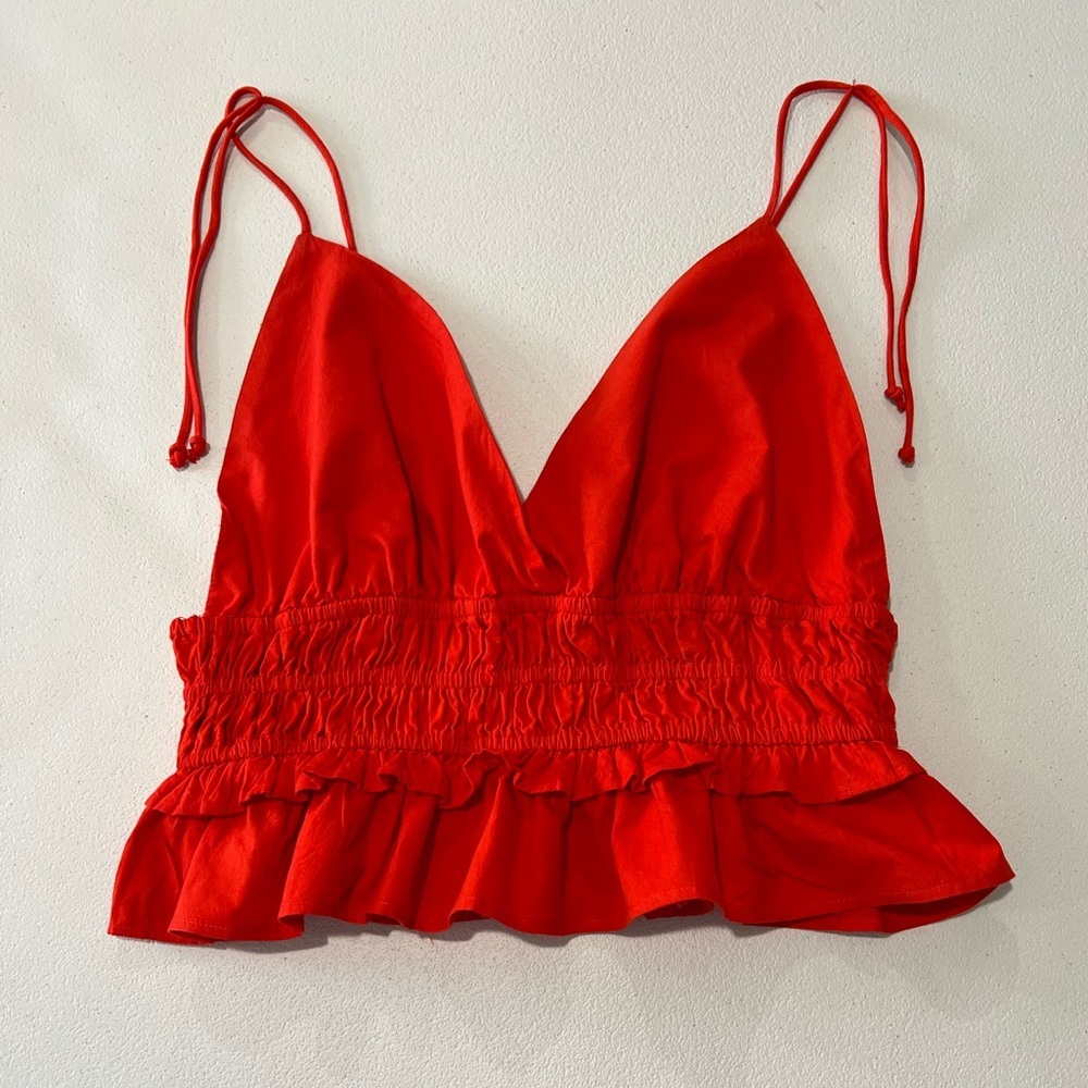 SIM & SAM  Ruffled Crop Top orange  straps, open back  L